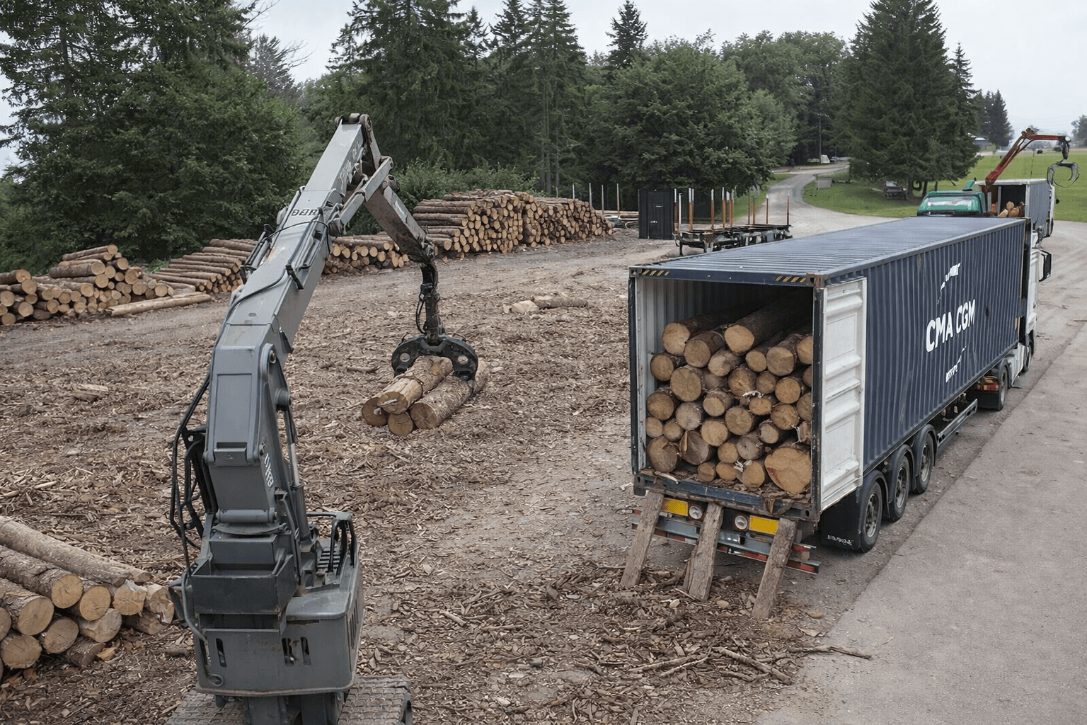 Apaļkoku iekraušana konteinerā